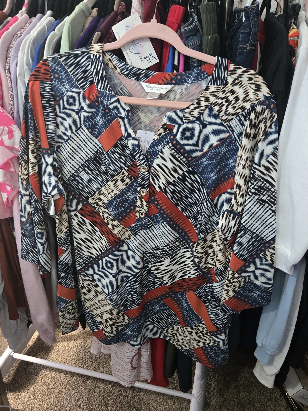 Christopher & Banks Patchwork Henley Tunic in Navy, Rust & Cream